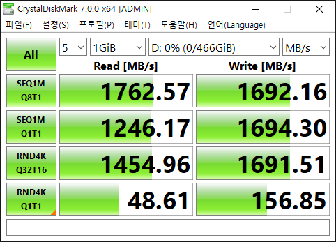 CrystalDiskMark 7.0.0 벤치마크 결과는 읽기 속도 1,762.57MB/s, 쓰기 속도 1,692.16MB/s로 나타났다. NVMe SSD답게 빠른 속도를 보여준다.