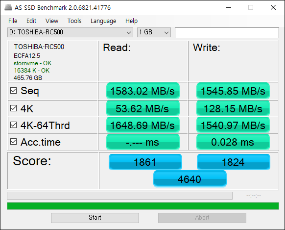 AS SSD 벤치마크 총점은 4,640점으로 나타났다. 보통 SATA3 기준으로 1,000점을 넘으면 고성능 모델로 분류되는데 RC500은 메인스트림 모델이지만 4,000점 이상의 높은 스코어를 기록했다.