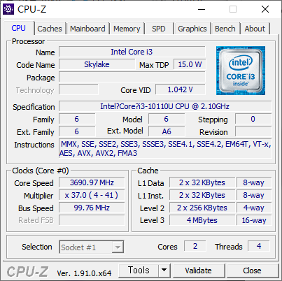 최대 4.1GHz로 작동하는 2코어 4스레드 구성의 인텔 코어 i3-10110U가 탑재됐다.
