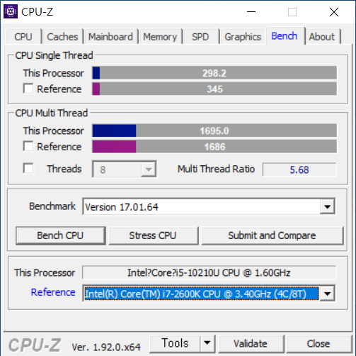 CPU-Z 벤치마크 스코어는 싱글 스레드 298.2, 멀티 스레드 1,695.0을 기록했다.