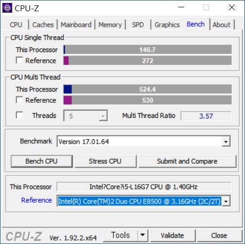 CPU-Z 벤치마크에서는 싱글 스레드 146.7, 멀티 스레드 524.4로 측정됐다.