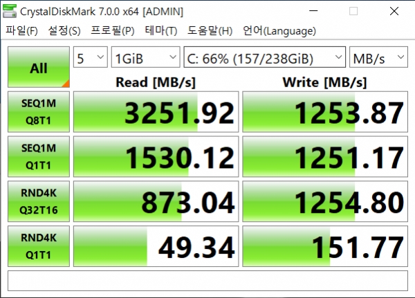 내장된 NVMe SSD의 벤치마크 결과다. 연속 읽기 속도는 3251MB/s, 연속 쓰기 속도는 1253MB/s를 기록했다.