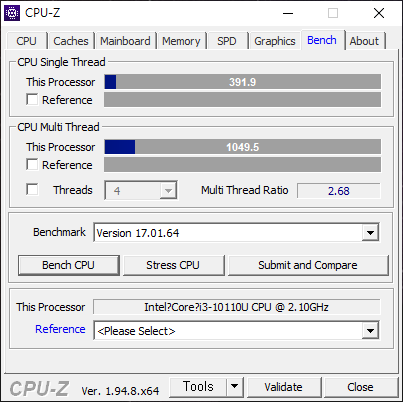 CPU-Z 벤치마크 결과는 싱글 스레드 391.9, 멀티 스레드 1049.5로 나타났다.