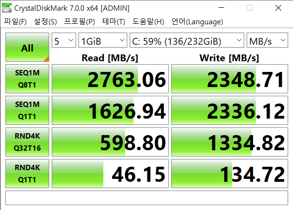 내장된 NVMe SSD의 벤치마크 결과다. 연속 읽기 속도는 2763MB/s, 연속 쓰기 속도는 2348MB/s를 기록했다.