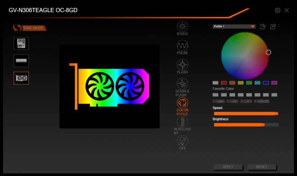 RGB Fusion 2.0을 통해 그래픽카드의 RGB를 제어할 수 있다.