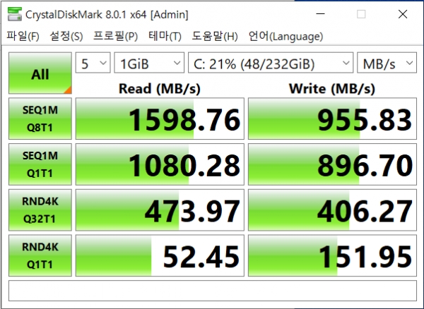 내장된 SSD의 속도를 크리스탈 디스크 마크로 측정했다. 연속 읽기 속도는 1,598MB/s, 쓰기는 955MB/s로 측정됐다.
