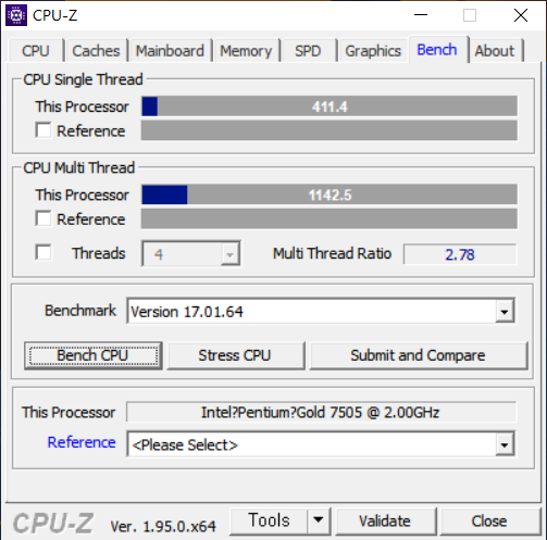 CPU-Z 벤치마크 결과는 싱글 스레드 411.4, 멀티 스레드 1142.5로 나타났다.