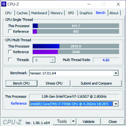 CPU는 인텔 코어 i7-1165G7이 장착되어 있다. 데스크톱용 코어 i7-7700K보다 싱글 스레드와 멀티 스레드 성능 모두 다 높다.