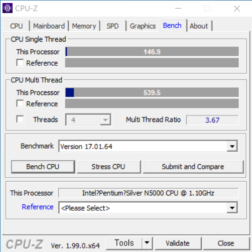 CPU-Z 벤치마크 결과는 싱글 스레드 146.9점, 멀티 스레드 539.5점으로 나타났다.
