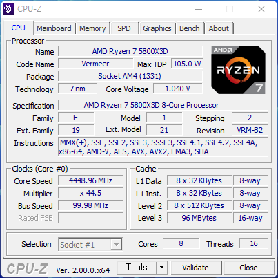 CPU-Z에서 프로세서 정보를 확인했다. 7nm 공정으로 제작된 8코어 16스레드 프로세서로, TDP는 105W다.