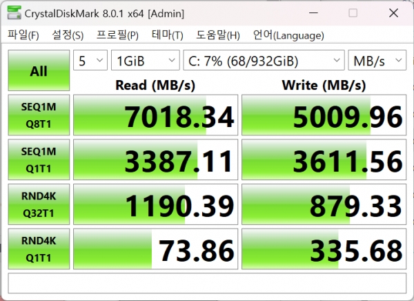 SSD 벤치마크. 연속 읽기 속도: 7018MB/s, 연속 쓰기 속도: 5009MB/s