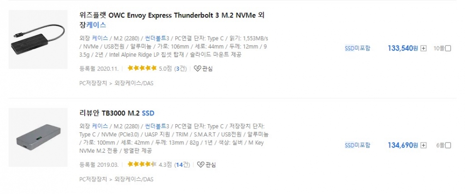 썬더볼트 외장 SSD 케이스는 케이스의 가격만 일반적인 1TB 외장 SSD급의 가격을 지녔다.