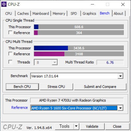 CPU-Z 벤치마크 결과는 싱글 스레드 508.6, 멀티 스레드 3438.5로 나타났다. 라이젠 5 1600보다 조금 더 높은 수준이다.
