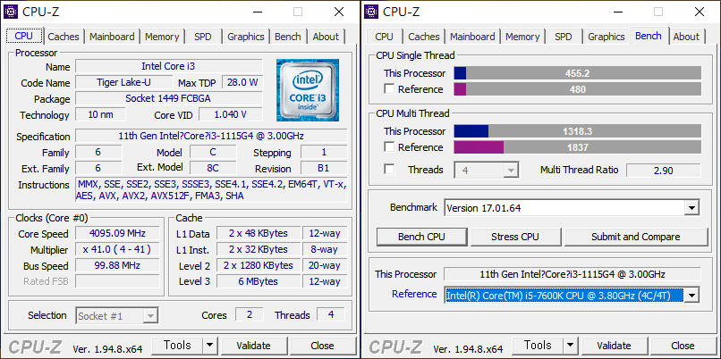2코어 4스레드의 인텔 코어 i3-1115G4가 탑재됐다. CPU-Z 벤치마크 결과는 싱글 스레드 455.2, 멀티 스레드 1318.3으로 나타났다.