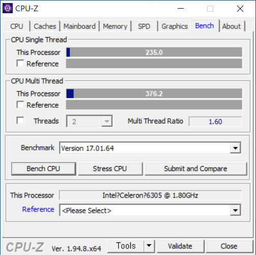 CPU-Z 벤치마크에서 싱글 스레드 스코어는 235.0, 멀티 스레드 스코어는 376.2를 기록했다.