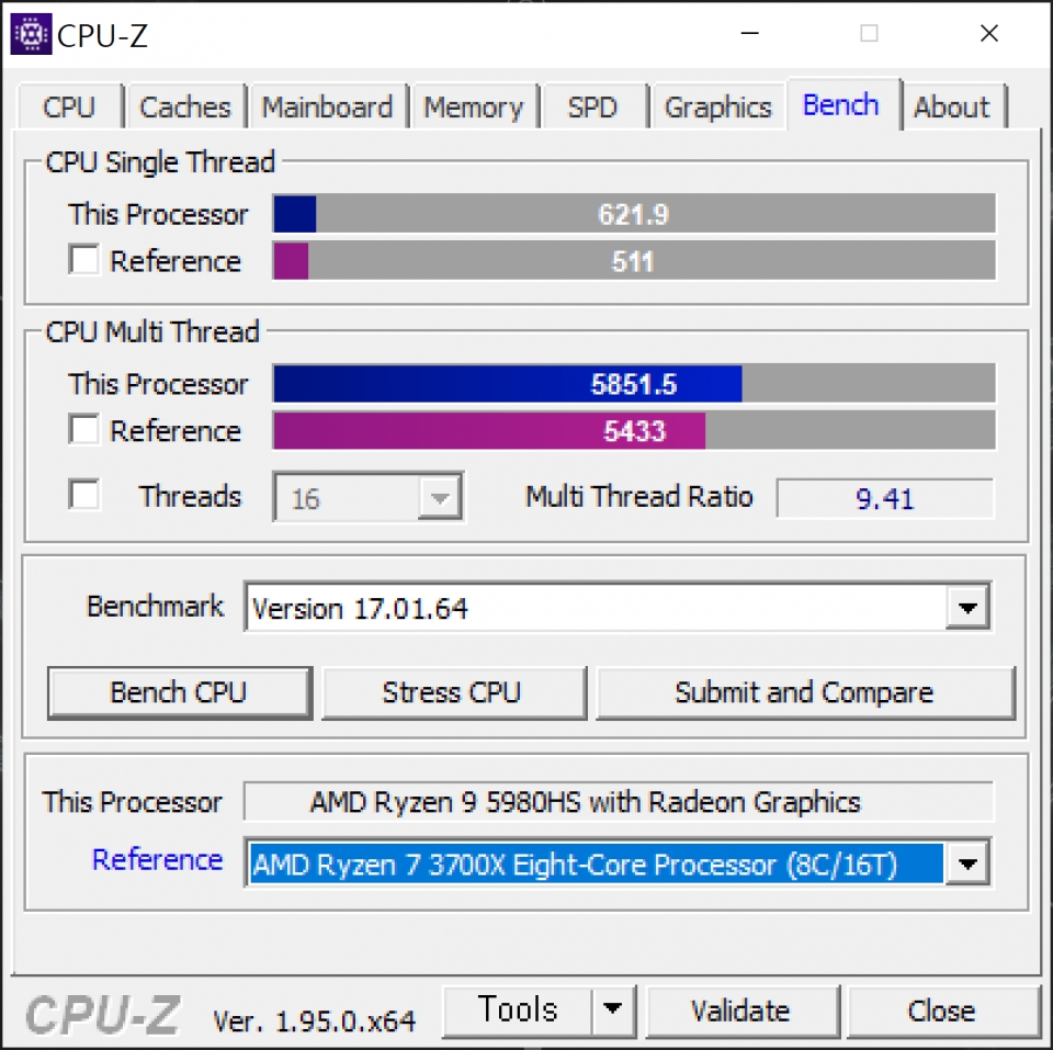 CPU-Z 벤치마크 결과는 싱글 스레드 621.9, 멀티 스레드 5851.5로 나타났다. 라이젠 7 3700X와 비교해볼 때 싱글 스레드는 약 21.7%, 멀티 스레드는 약 7.7% 높았다.