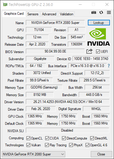 GPU 클럭 1365MHz, 부스트 클럭 1560MHz, 메모리 클럭 1750MHz