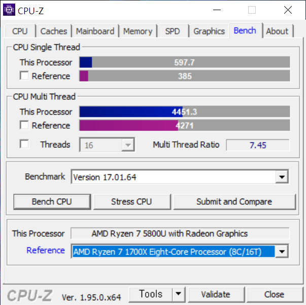 CPU-Z 벤치마크에서 싱글 스레드 점수는 597.7, 멀티 스레드 점수는 4,451.3으로 나타났다. 두 영역 모두 라이젠 7 1700X를 넘어섰다.