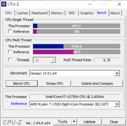 CPU는 6코어 12스레드 구성인 인텔 코어 i7-10750H다.