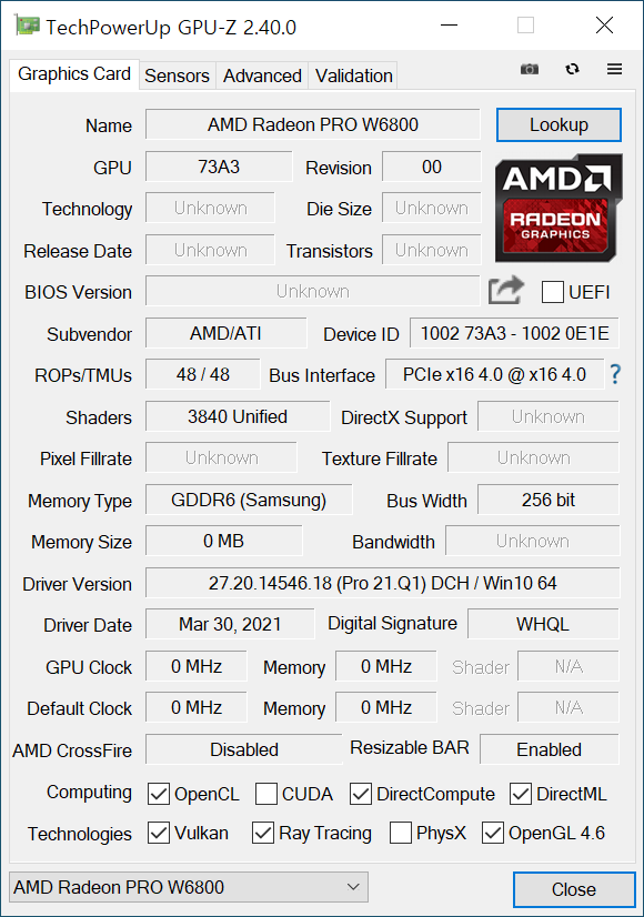 GPU-Z에서 AMD 라데온 프로 W6800의 정보를 확인했다. PCIe 4.0 x16 인터페이스 기반이며, 삼성 GDDR6 그래픽 메모리를 사용했다.