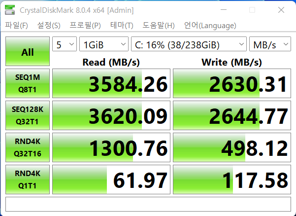 CrystalDiskMark 8.0.4에서 SSD 최대 읽기 속도는 3,620.09MB/s, 최대 쓰기 속도는 2,644.77MB/s였다.