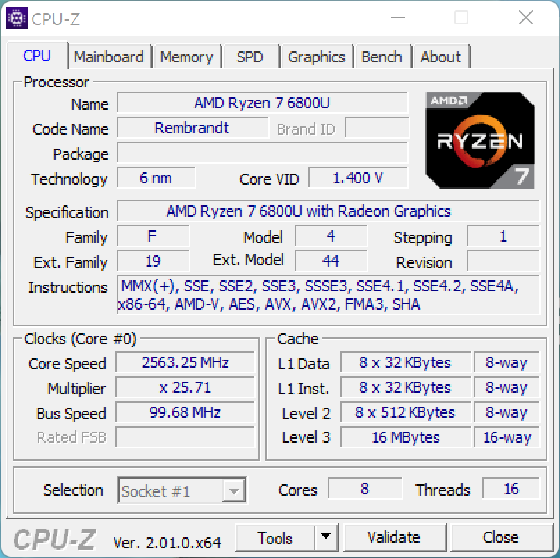CPU-Z에서 프로세서 정보를 확인했다. 6nm 공정으로 만들어졌으며, 8코어 16스레드로 구성됐다. L2 캐시는 4MB, L3 캐시는 16MB다.