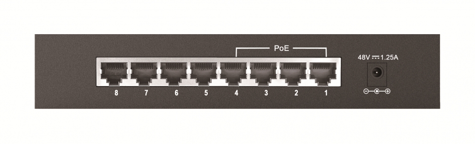 DES-1008P. 8포트(4포트 PoE / 4포트 이더넷) 구성을 지녔고 PoE 용량은 58W다. 포트별 지원 속도는 100메가다.<br>