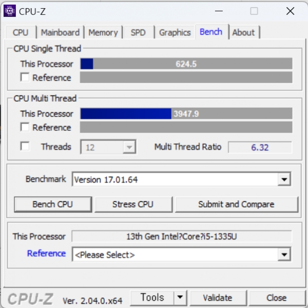 CPU-Z로 인텔 코어 i5-1335U의 성능을 확인해보니 싱글 스레드 624.5점, 멀티 스레드 3947.9점을 기록했다.